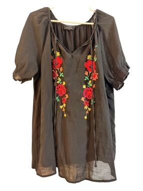 Black Embroidered V-Neck Peasant Blouse with Red Floral Accents